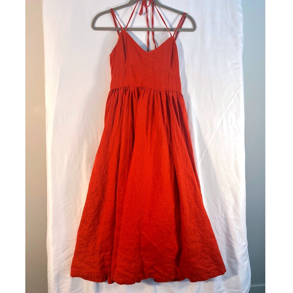 Banana Republic Linen Midi Dress Red Orange Smocked Halter Back Small